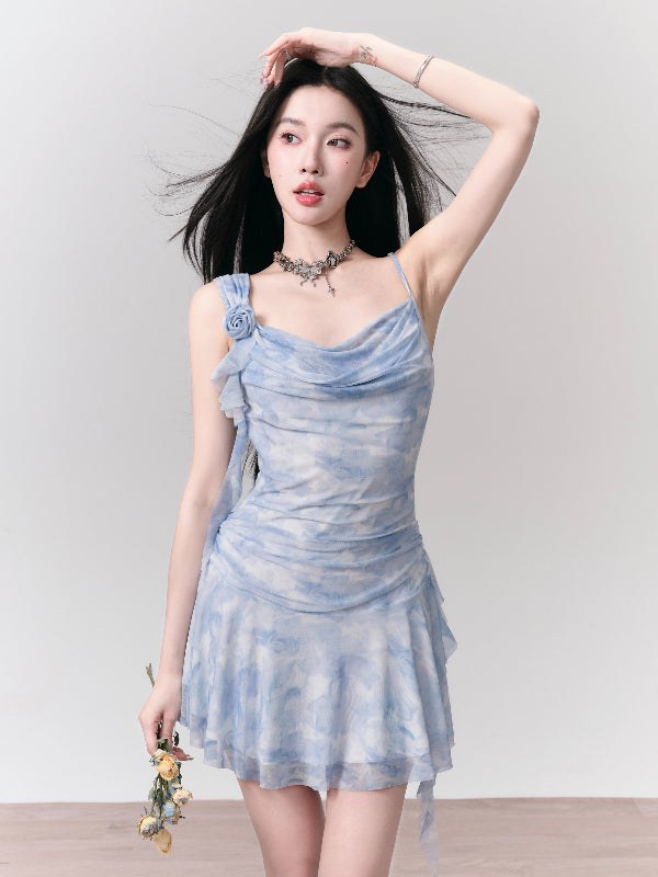 Tie-Dye Camisole Flower Ruffle Short Flrae One-Piece