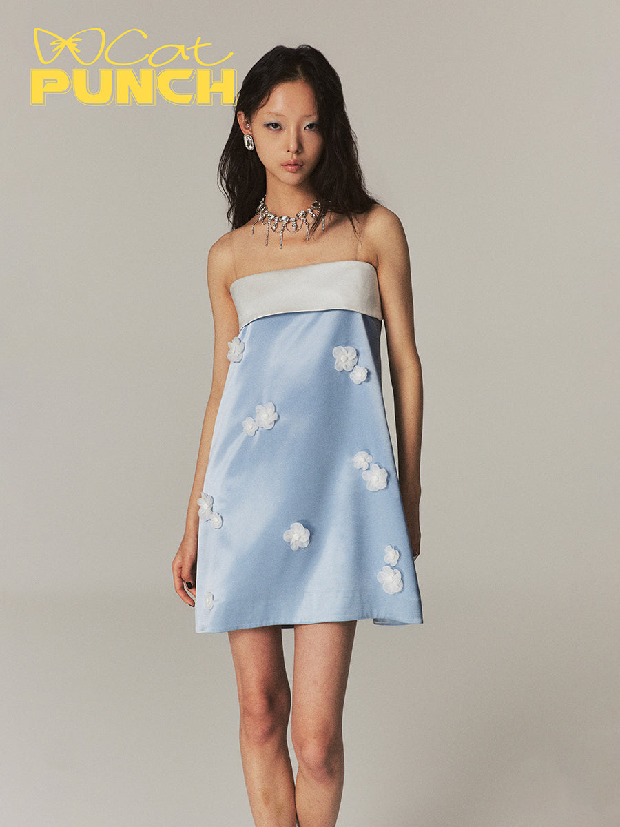 Satin Flower A-Line Short Camisole Bi-Color Glossy One-Piece