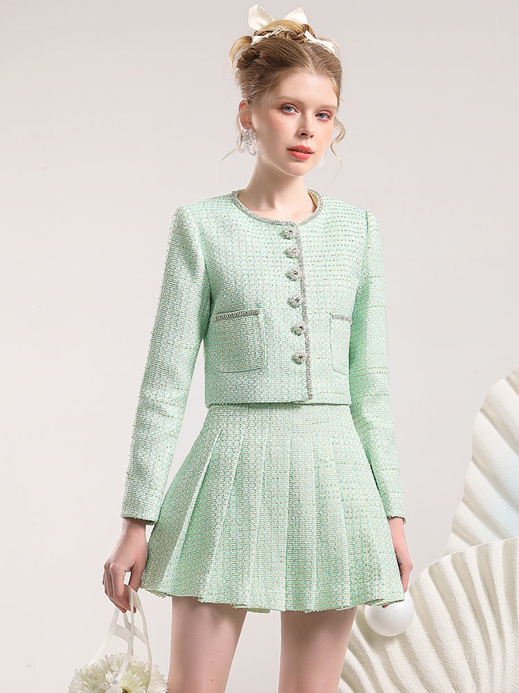 Jacket&Mini-Skirt Tweed Suit Pleats Classy Retro Set-Up