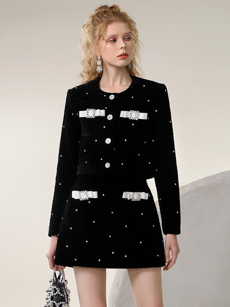 Jacket&Mini-Skirt Velvet Suit Ribbon Bijou Set-Up