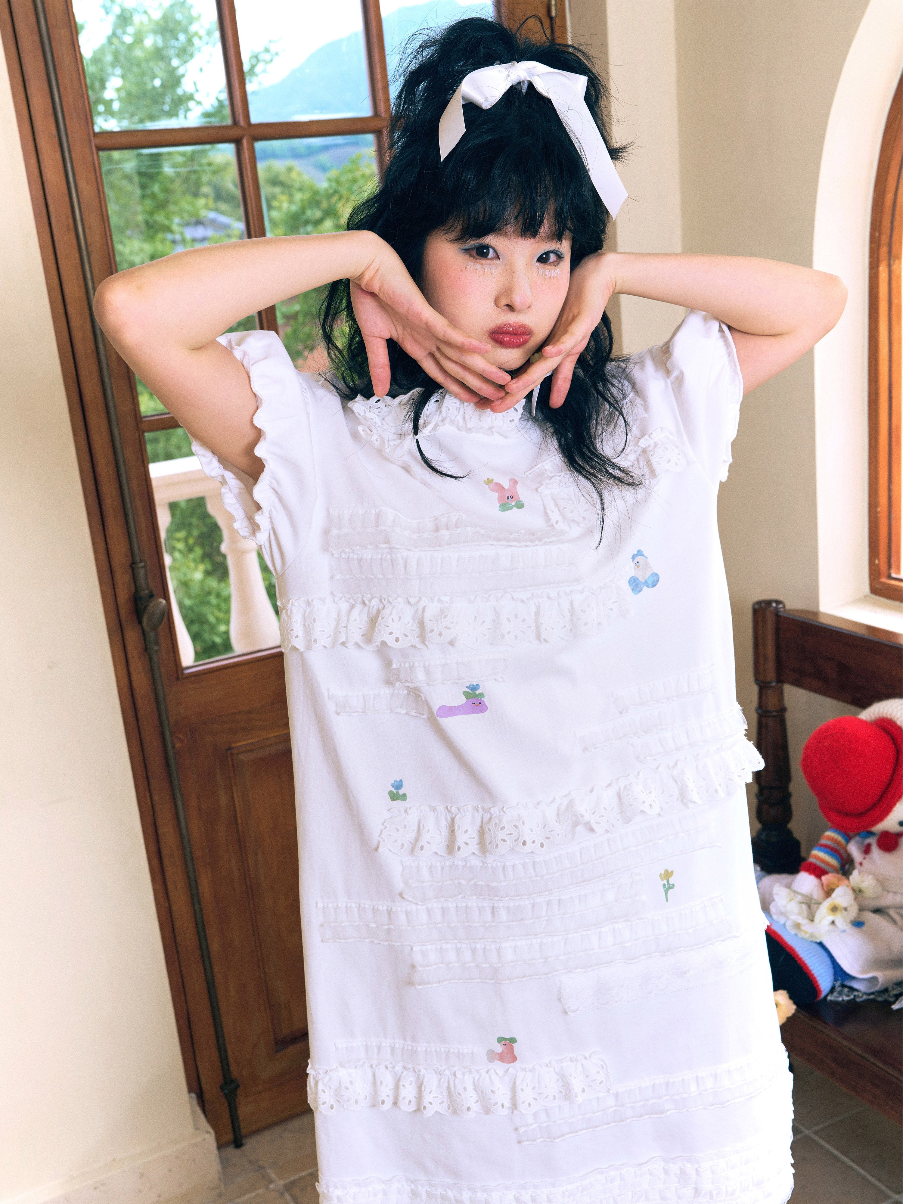 레이스 귀여운 여성스러운 퍼프 슬리브 원피스