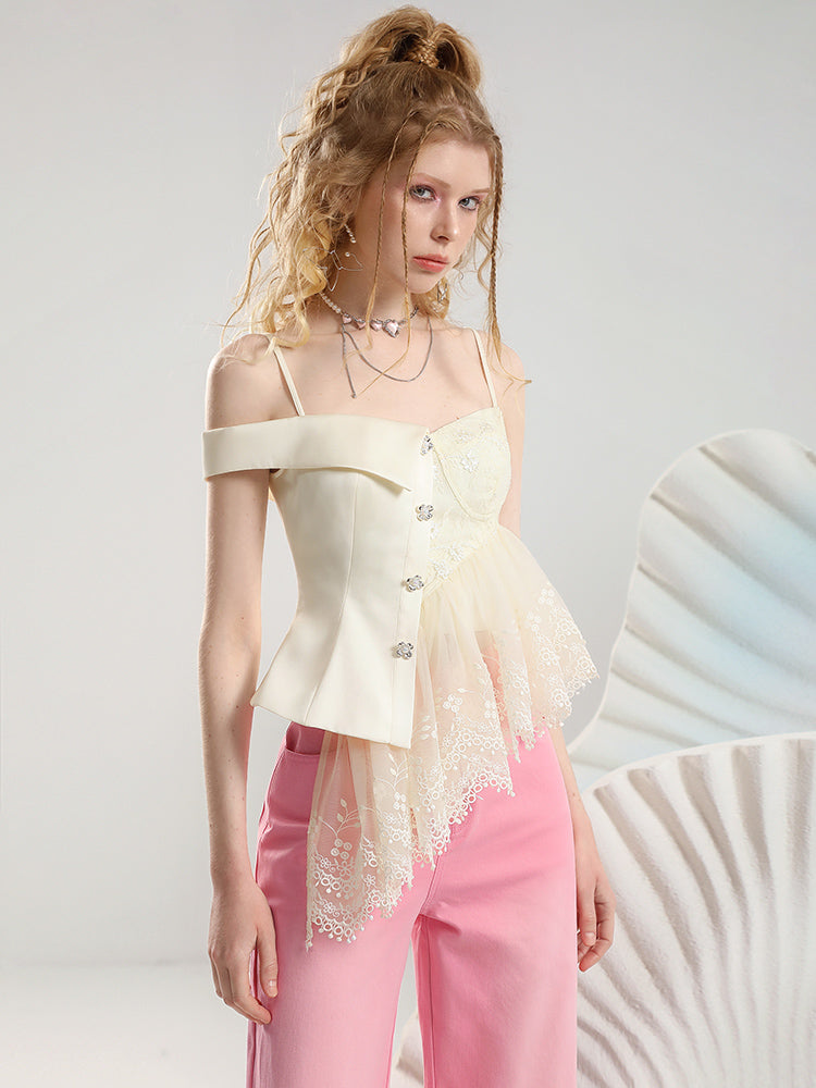 Lace Feminine Asymmetry Bijou Set-Up Camisole&Denim-Pants
