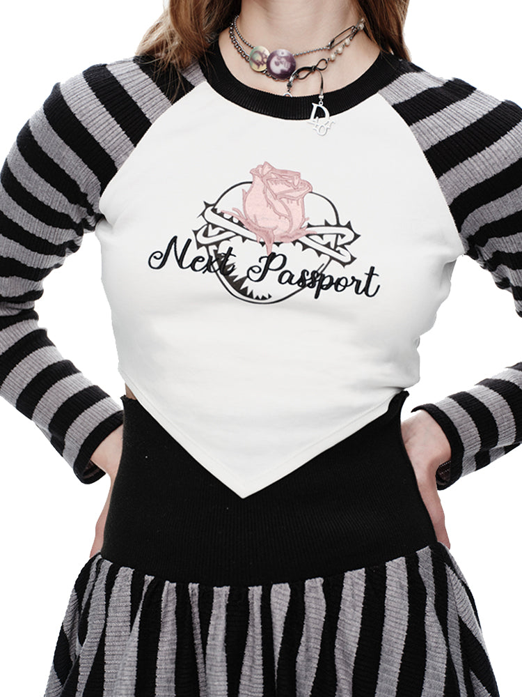 Knit Border Casual Set-Up Long-T-Shirt&Mini-Skirt