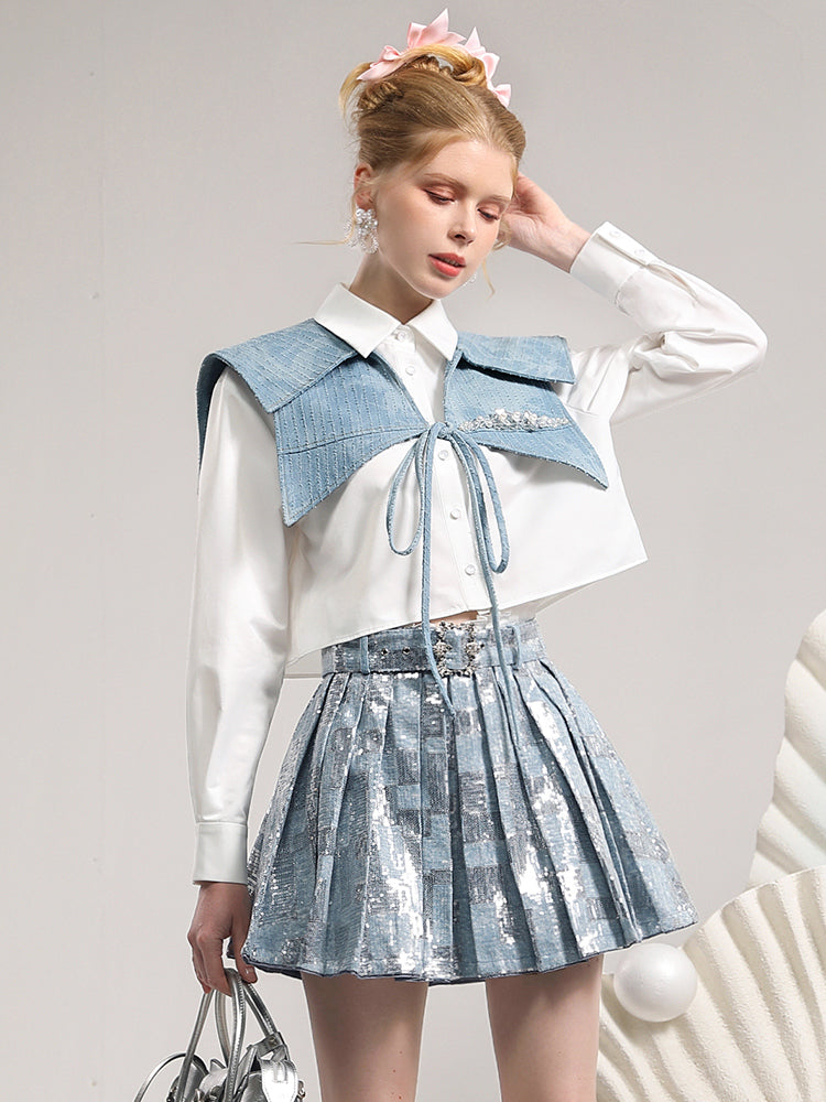 Tops & Mini-Skirt Sailor Metallic Unique Unique Denim Big-Colar College
