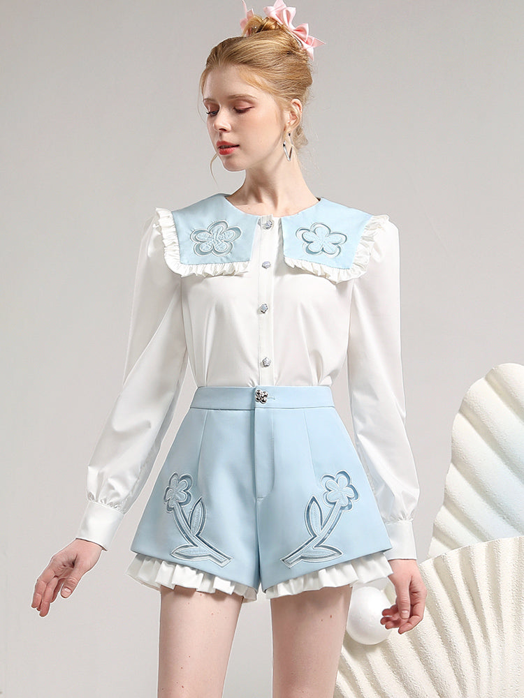 Set-Up Big-Collr Frill Flower Retro Cute Tops&Short-Pants