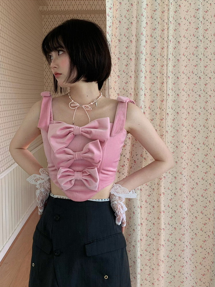 Ribbon Short Slim No-Sleeve Camisole Tops