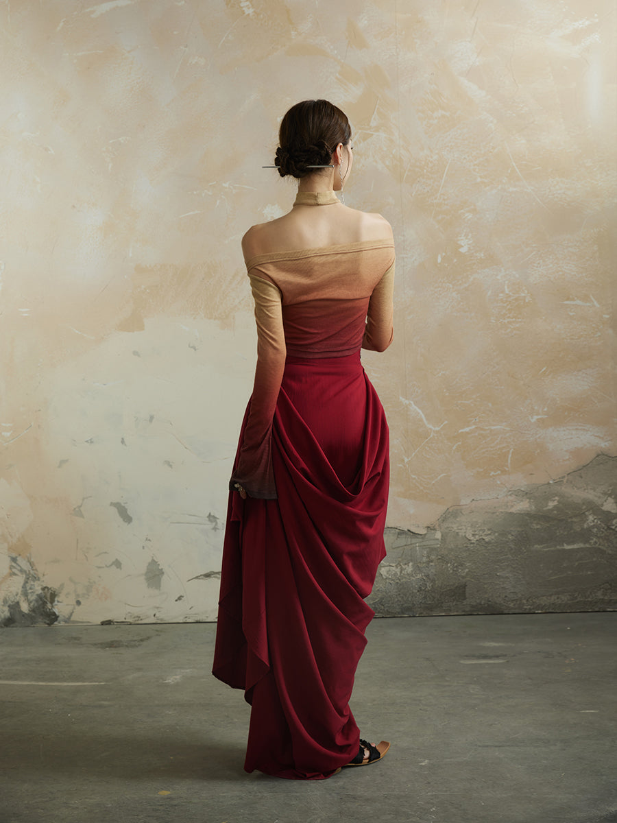 Plain Asymmetry Drape Feminine Elegant Long-Skirt