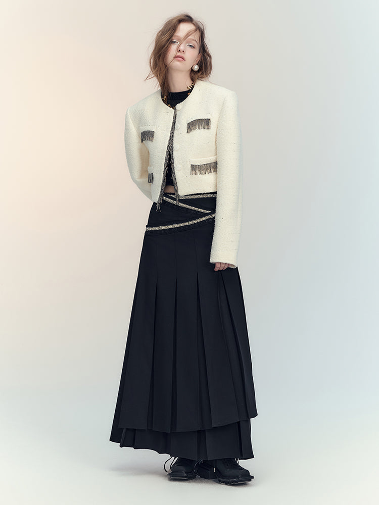 Tassel Wool No-Collar Chic 고급 재킷 미니 스커트
