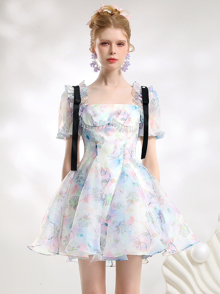 Fairy Gradation Flower Fluffliy Rose Nichi Feminine Ciffon One-Piece