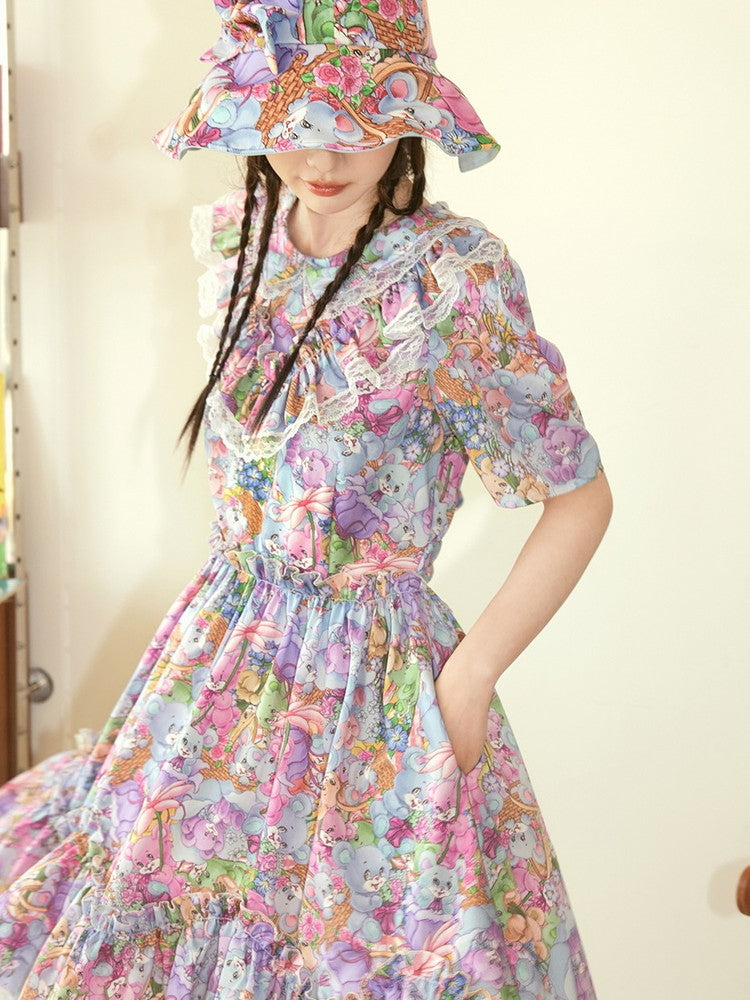 Ciffon Flower Lace Sweet Bear Flare Fancy Dress