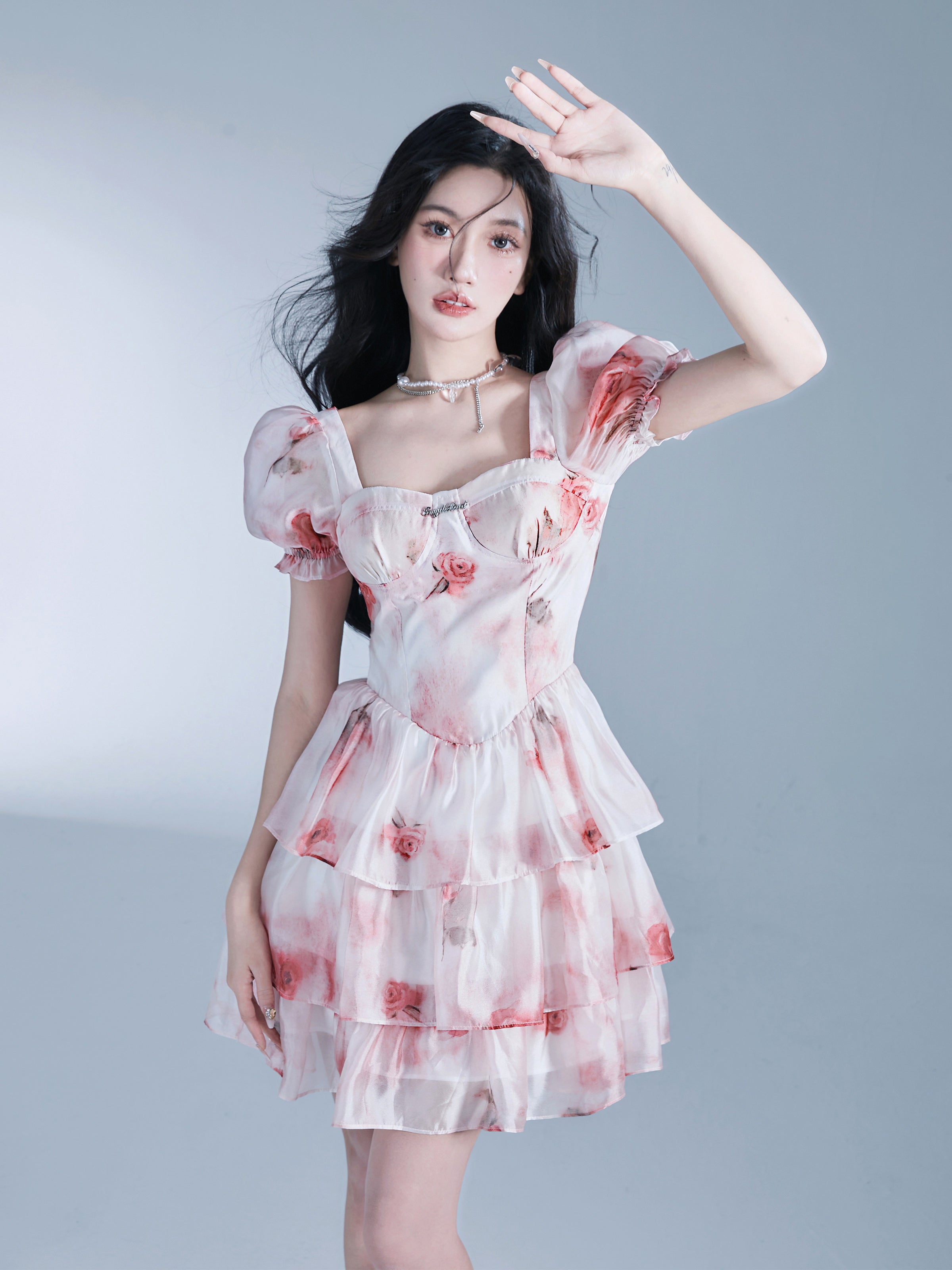 Rose Elegant Ciffon Tiered Flare One-Piece