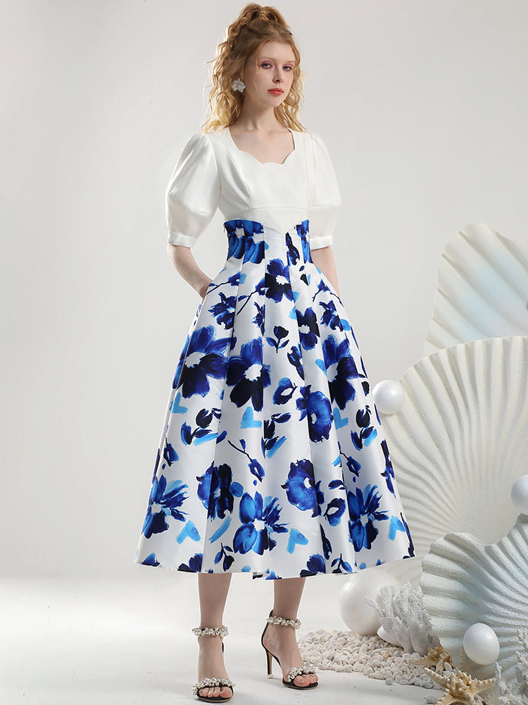 2Type Set-Up Puff-Sleeve High-Waist Flower Chic Tops&Skirt