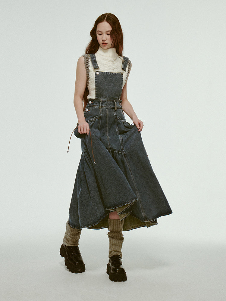 Retro Gather Denim Ribbon Casual Long One-Piece