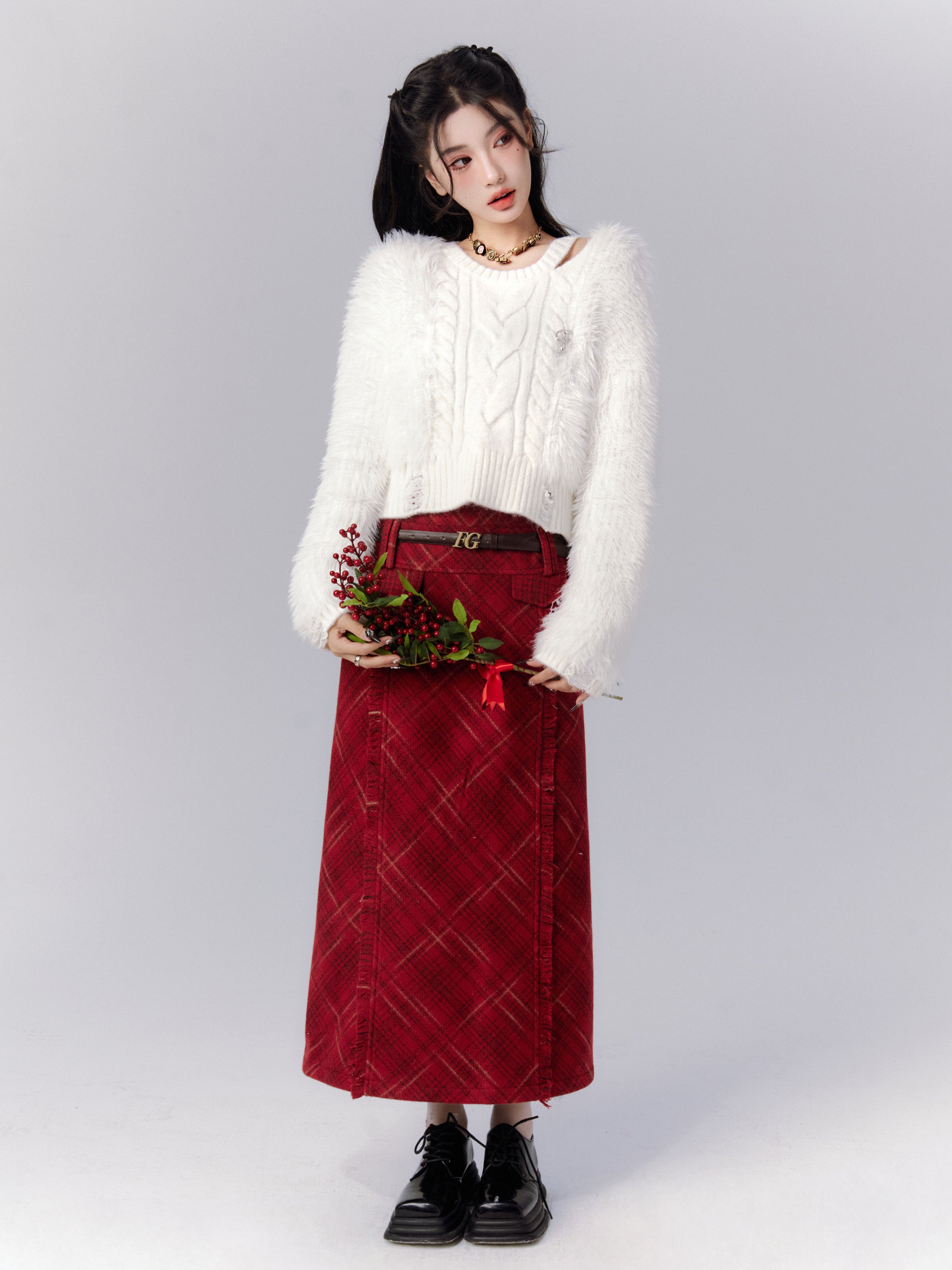 체크 레트로 울 프린지 긴 짧은 여자 치마