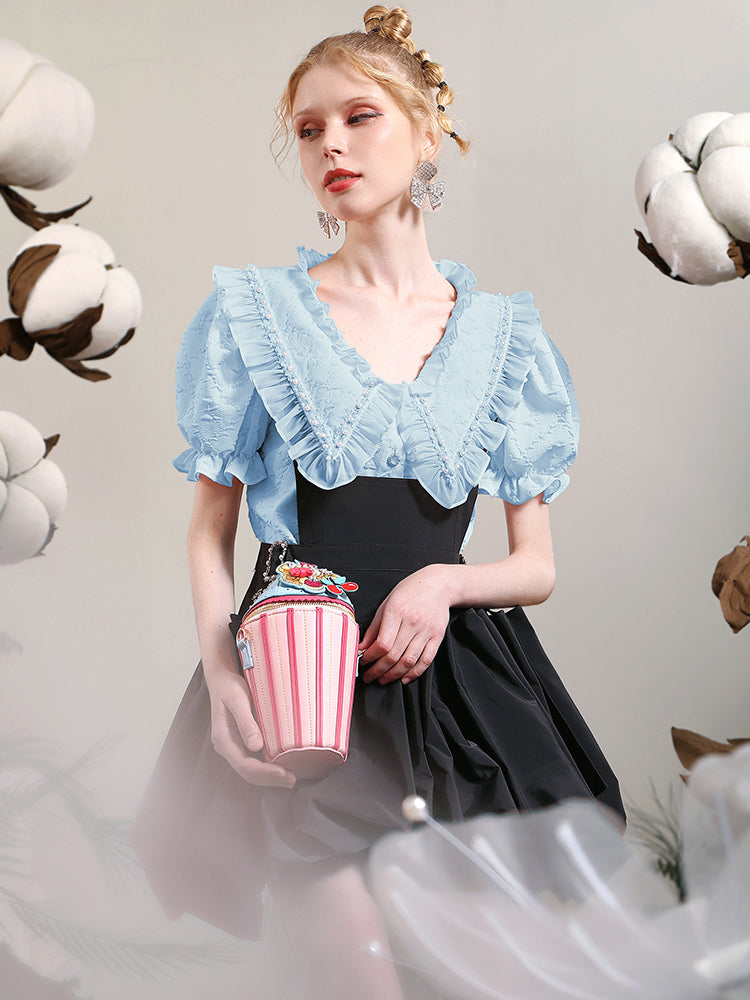 Puff-Ärmelns-Big-Collar-Frill-Bluse