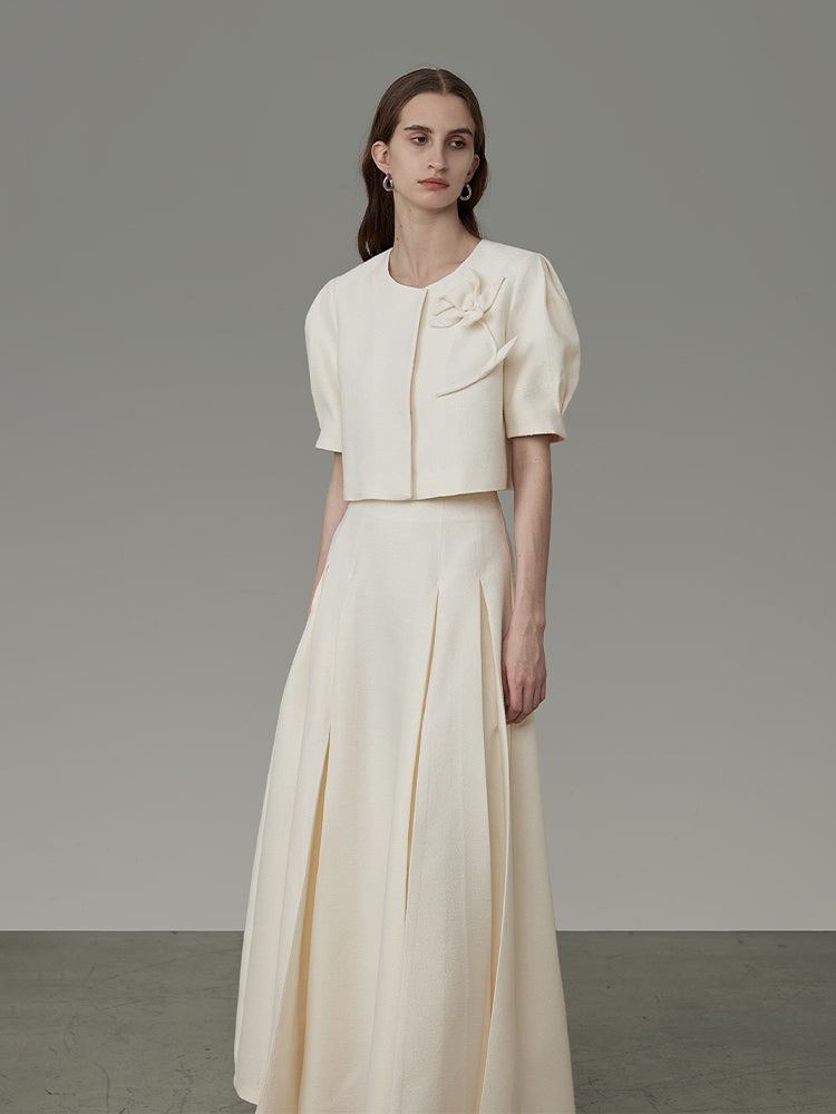 Flower Embroidery Puff-Sleeve Formal Blouse&Long-Skirt