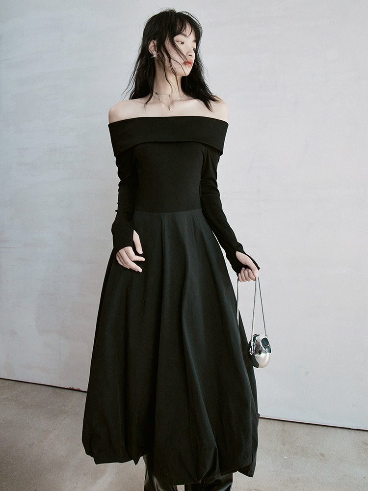 풍선 오프숄더 플레인 롱 원피스