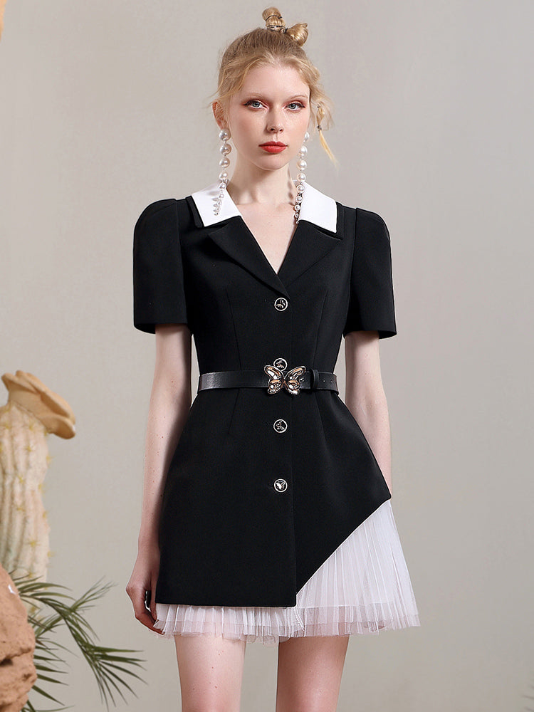 Pleats Tulle Mix V-Neck One-Piece