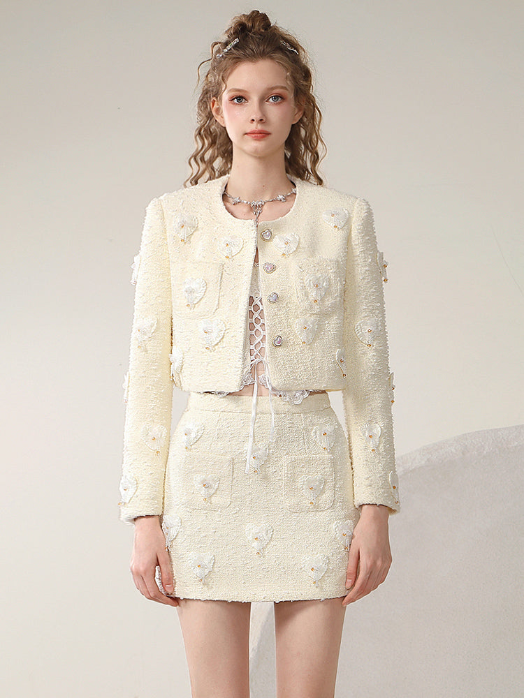 Jacket&Mini-Skirt 3D Heart Feminine Classy Suit Tweed Set-Up