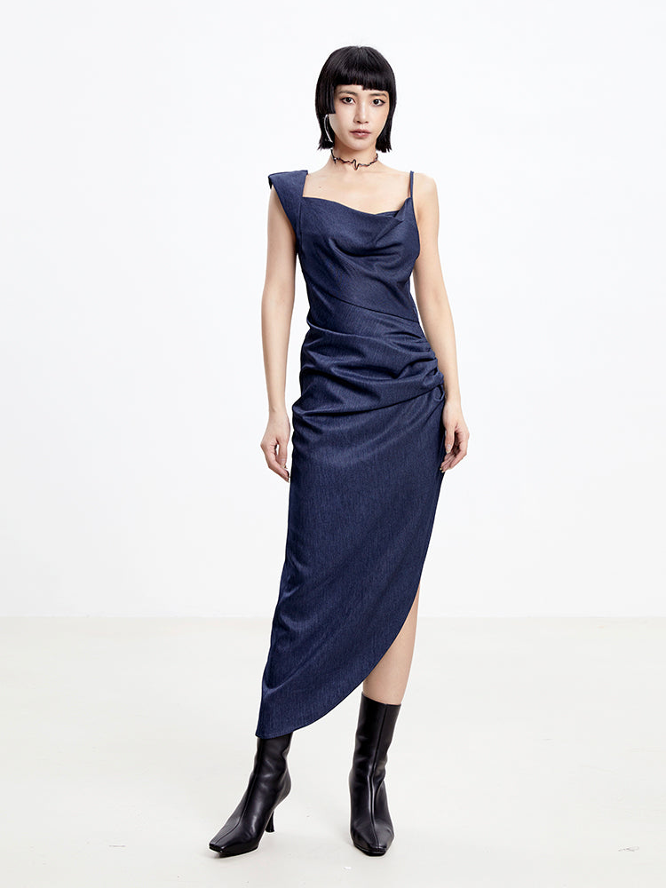 드레이프 비대칭 우아한 섹시한 원피스