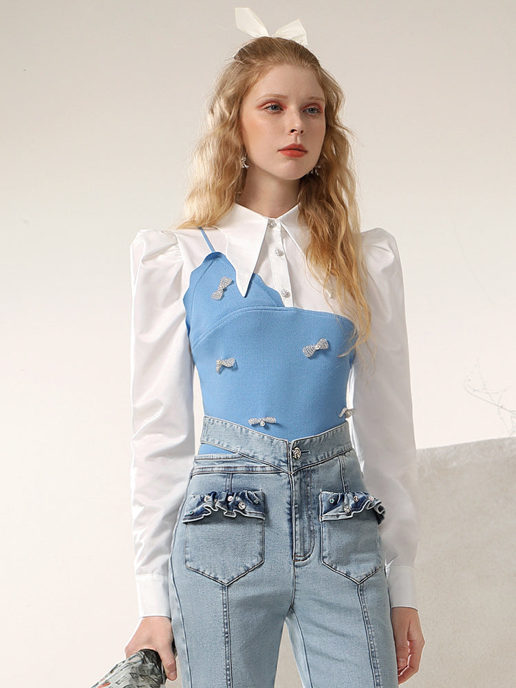 Knit&Shirt Ribbon Fake-Layered Docing Nichi Retro Tops