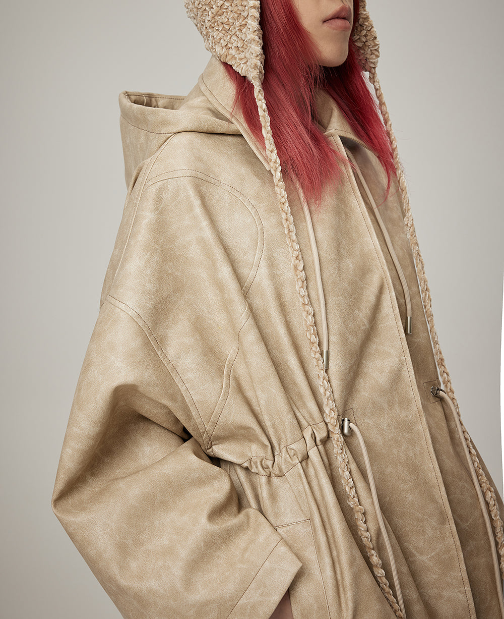 Leder Draw String Hoodie Casual Oversize Jacke