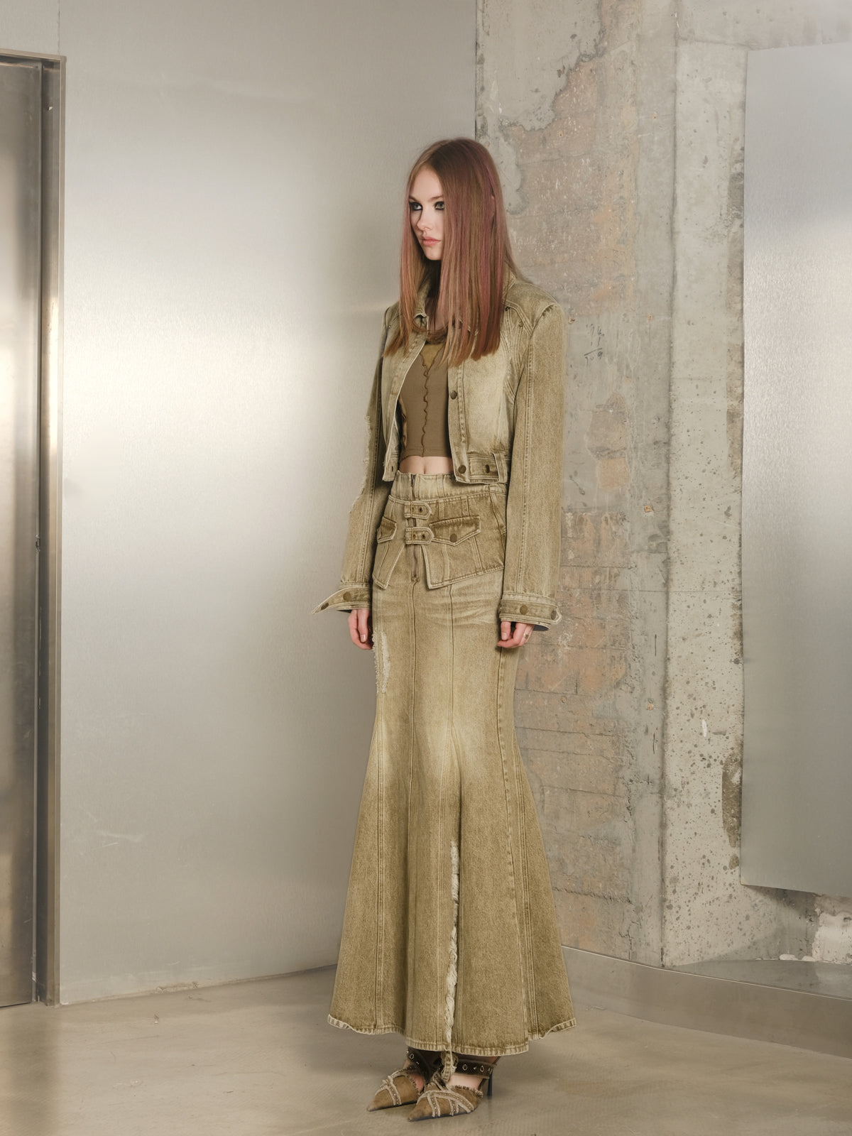 Set-Up Denim Washed Casual Mermaid Jacket&Long-Skirt