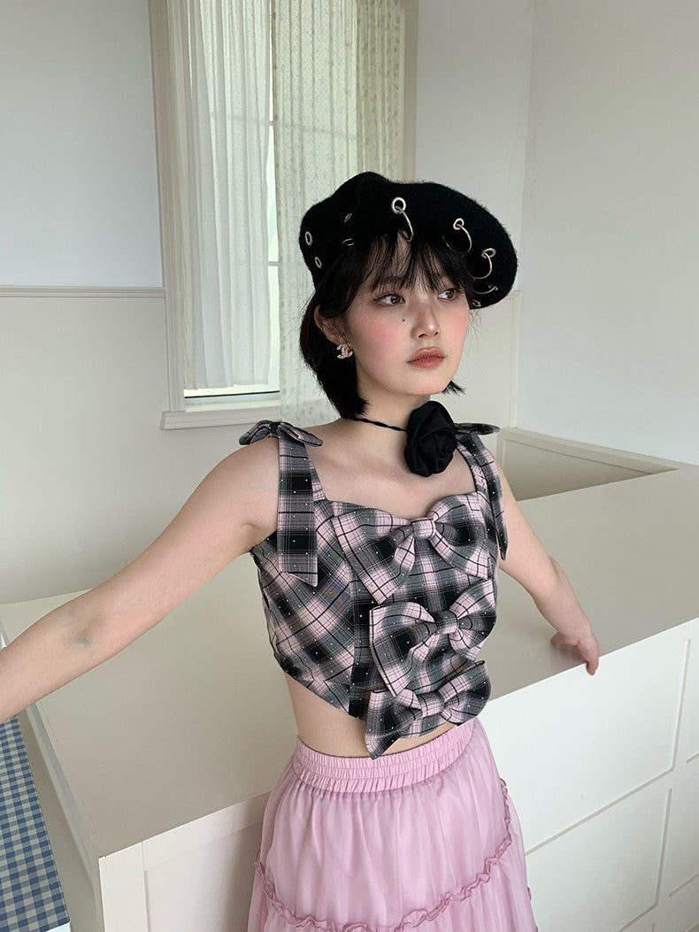 Checked Ribbon Short Slim No-Sleeve Camisole Tops