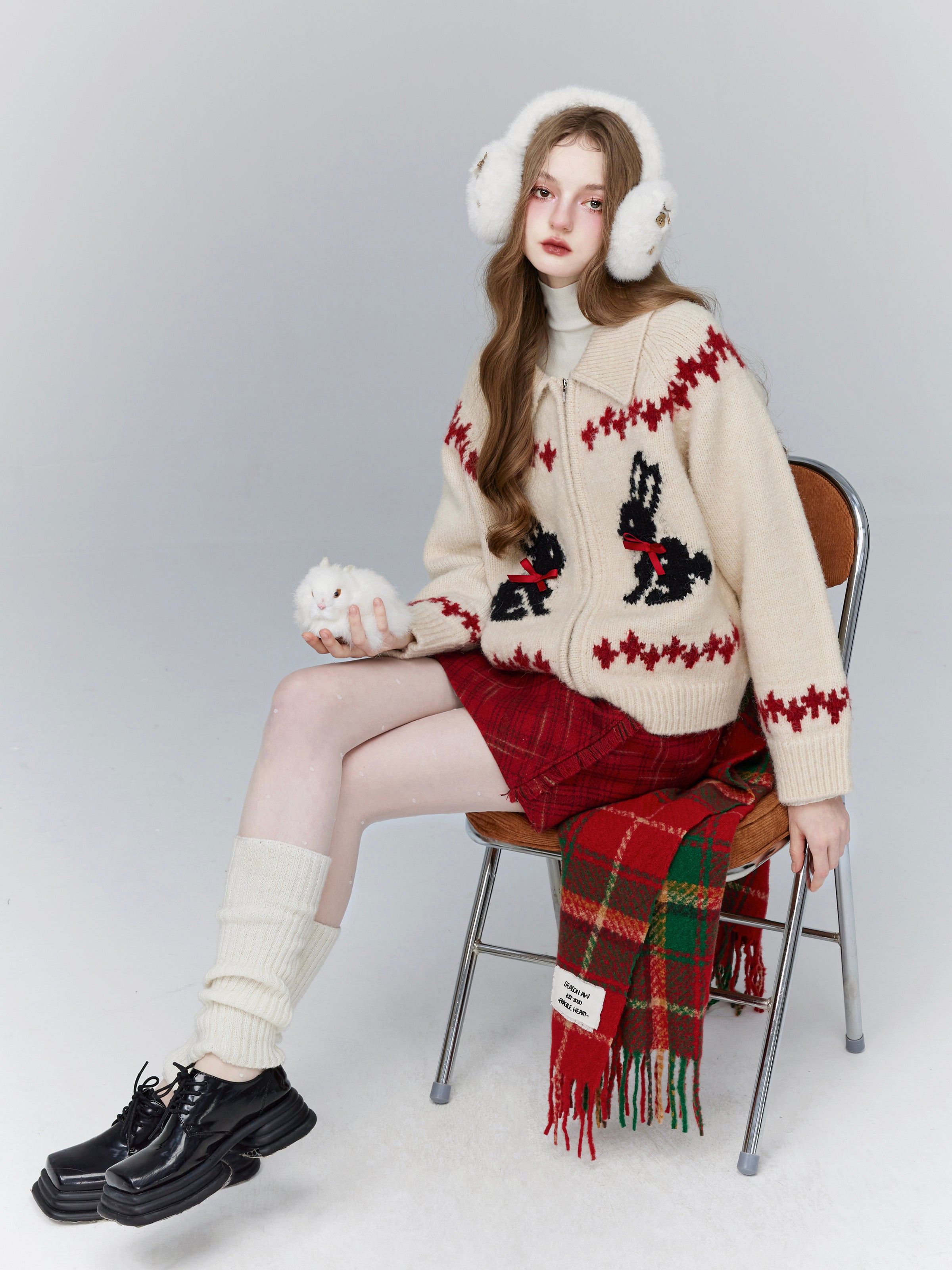 Rabbit Zip Retro Cute Embroidery Winter Knit
