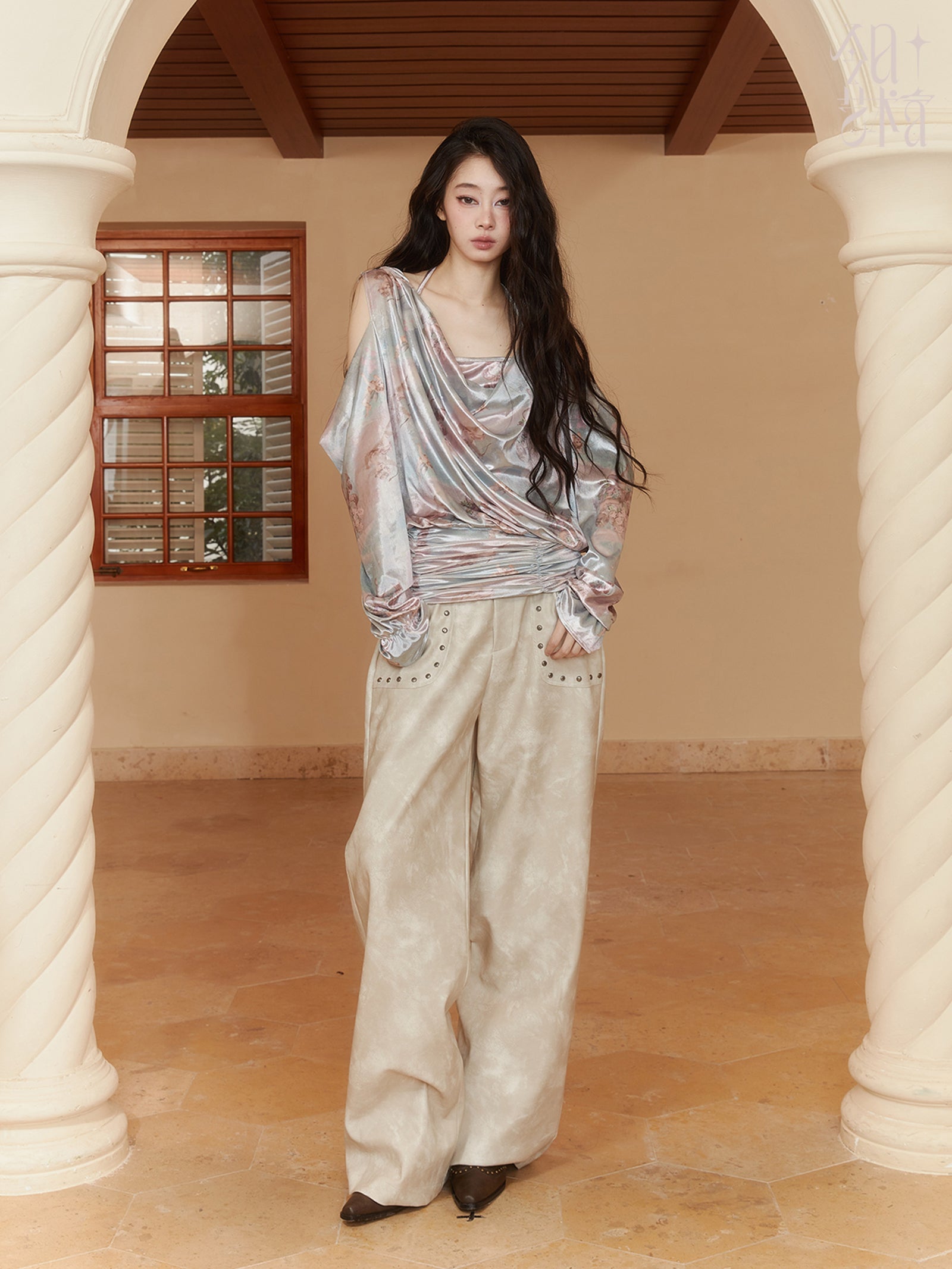 Velvet Cotton-Candy Drape High-End High-End V-Ausschnitt Candy-Sleeve Open-Shoulder Bluse & Rock