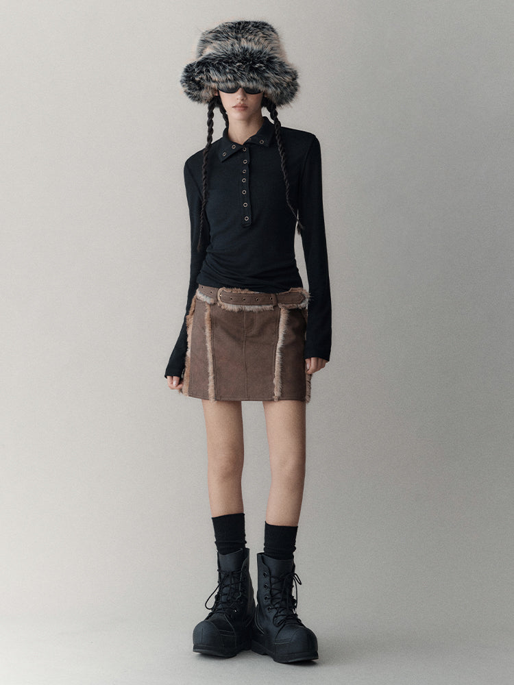 Leather&Fur Short Nichi Trapezoid Mini-Skirt
