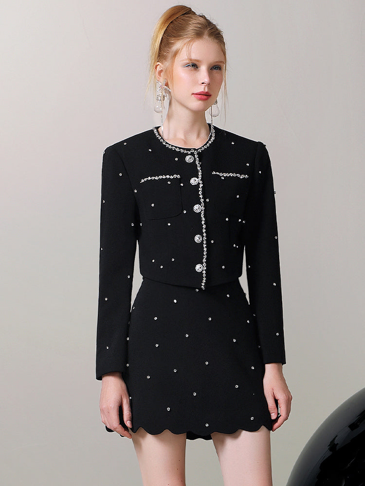 Jacket&Mini-Skirt Pearl Suit Classy Studs Set-Up