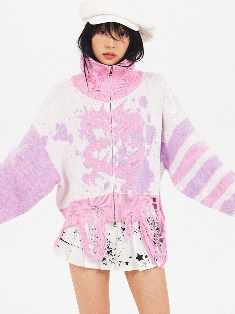 High-Neck Damage Border Punk Fancy Knit
