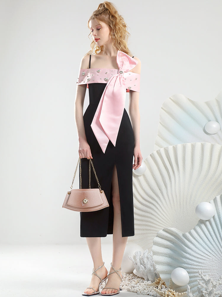 Deep-Slit Bi-Color Long Ribbon Camisole Bijou One-Piece