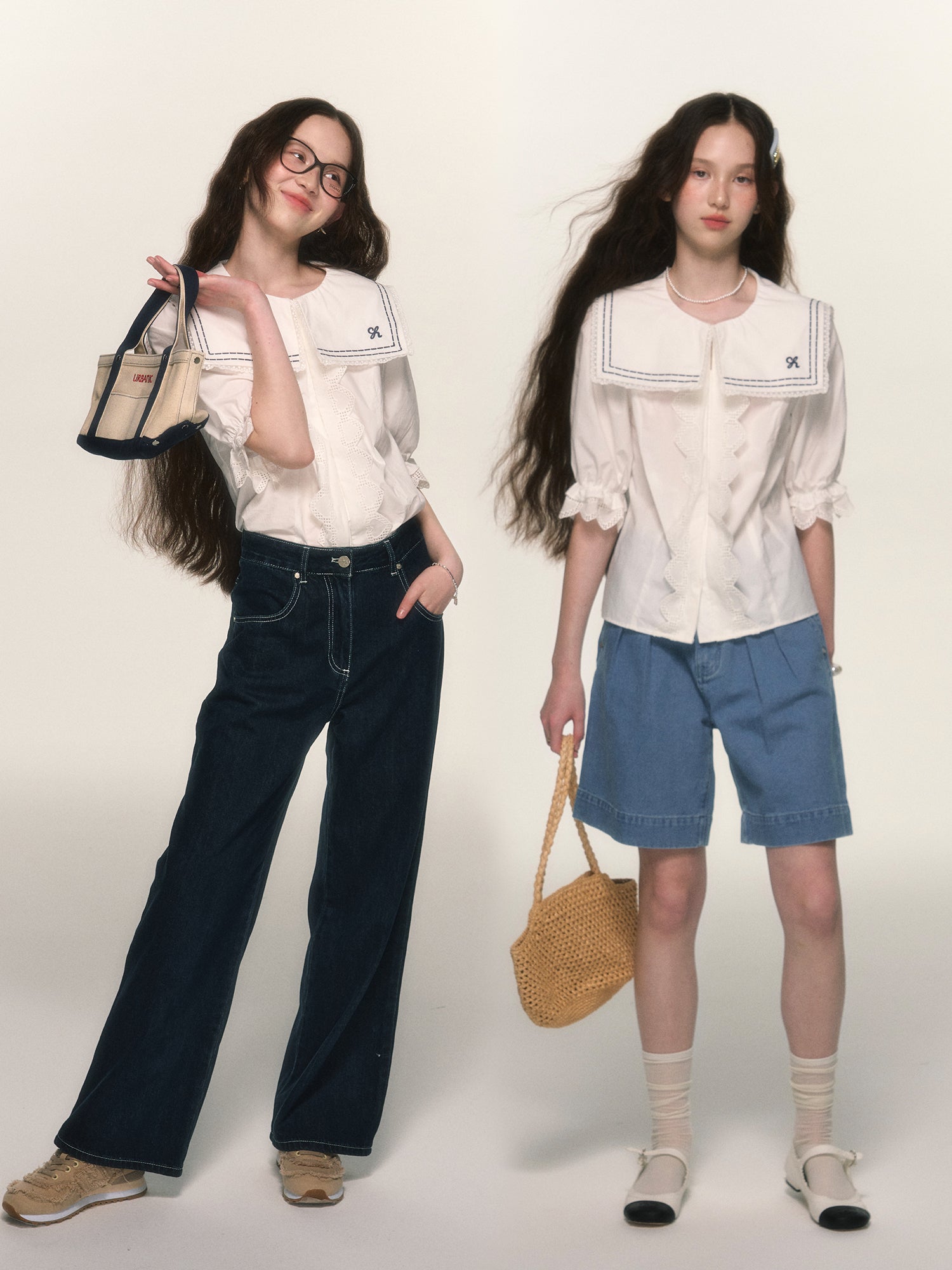 Marine Sailor-Collar Lace Candy-Sleeve Blouse