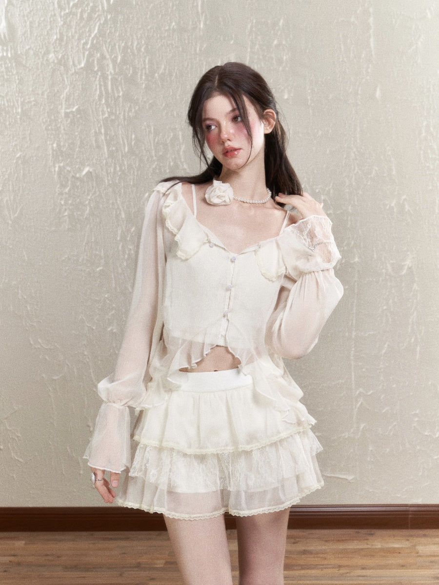 Sheer Frill Lace Feminine Blouse&Mini-Skirt