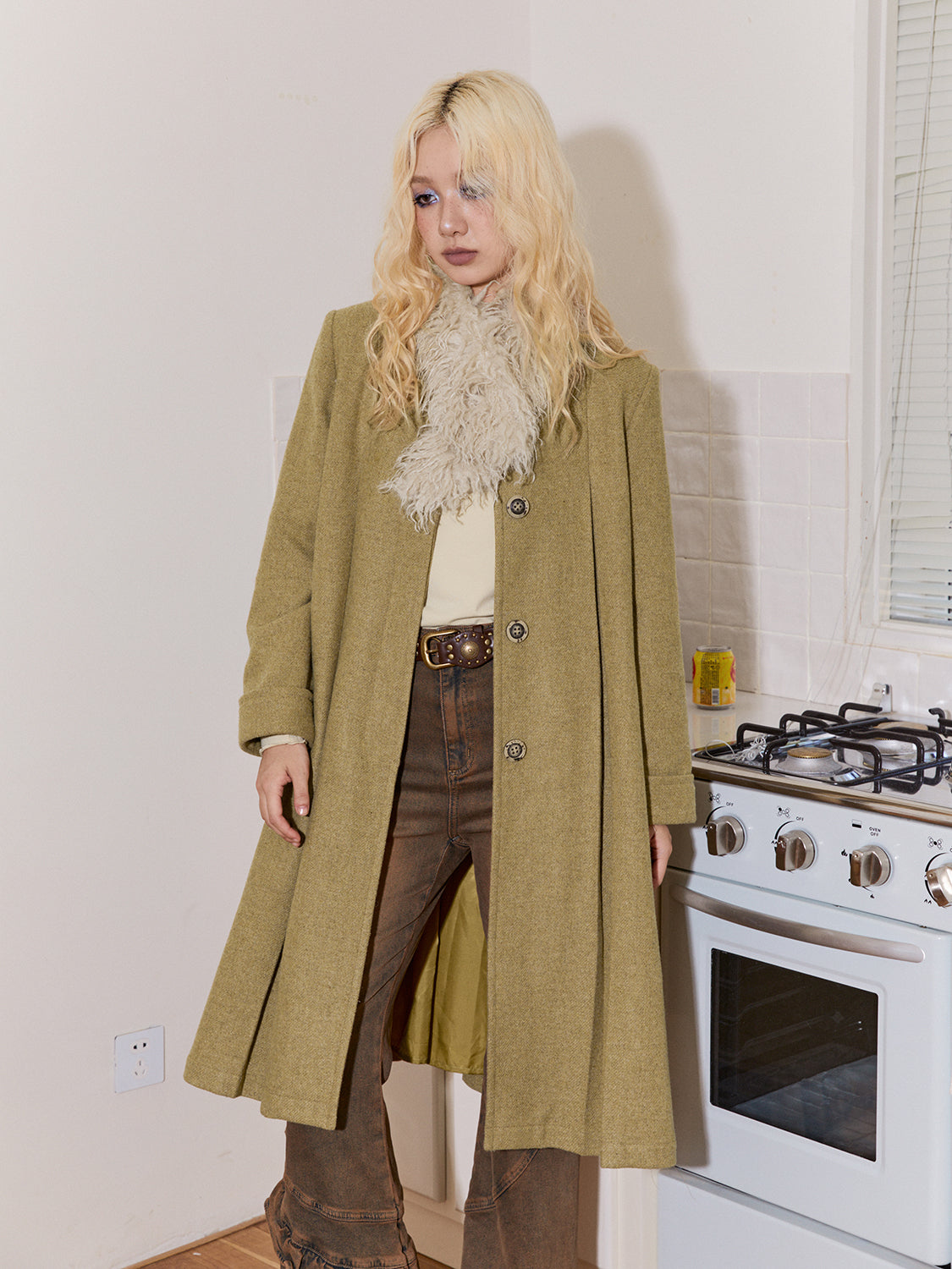Fur-Collar Plain Flare Simple Elegant Long-Coat