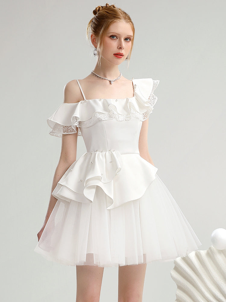 Lace Asymmetry One-Shoulder Tulle Frill One-Piece