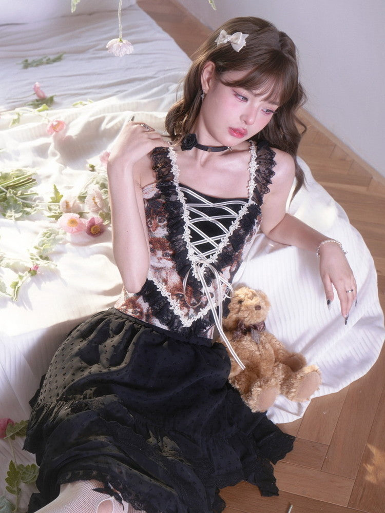 Lace Lace-Up Elegant Flower Gothic Frill No-Sleeve Tops