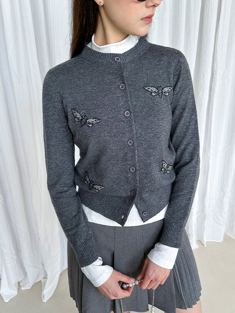 Embroidery Insect Nichi Crew-Neck Knit Cardigan