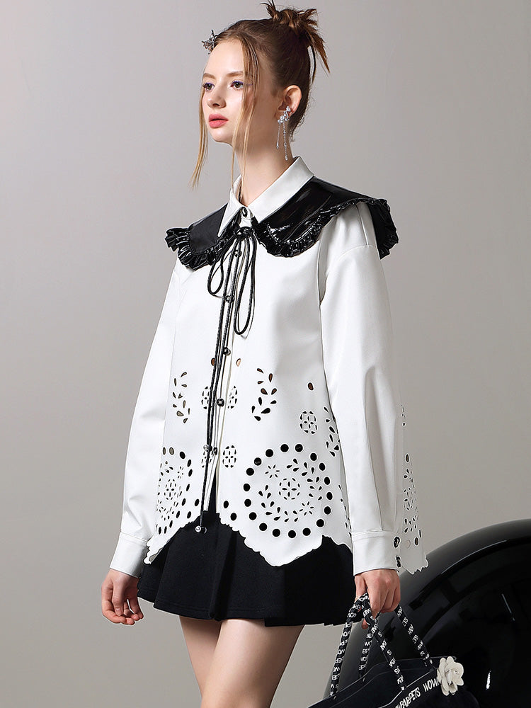 Punching Flower Retro Oversize Big-Collar Blouse