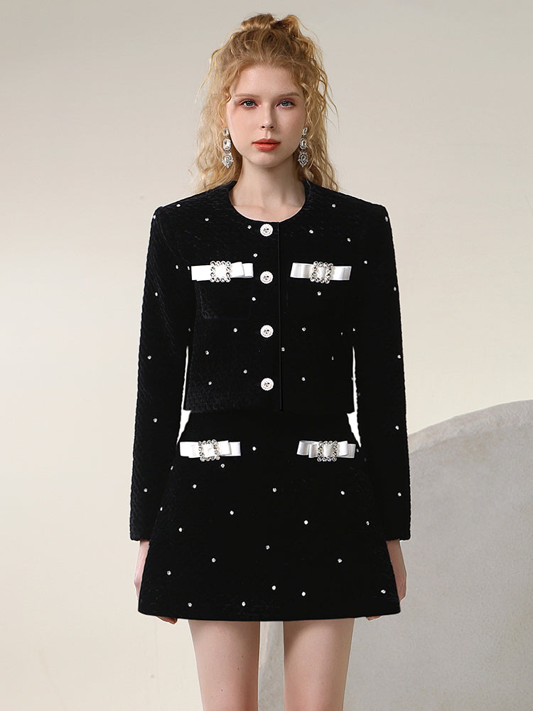 Jacket&Mini-Skirt Velvet Suit Ribbon Bijou Set-Up
