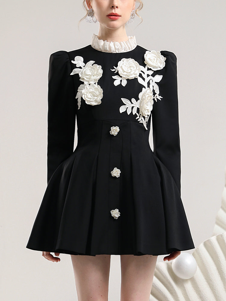 Stand-Collar Pleats Flower Rose 3D Classy One-Piece