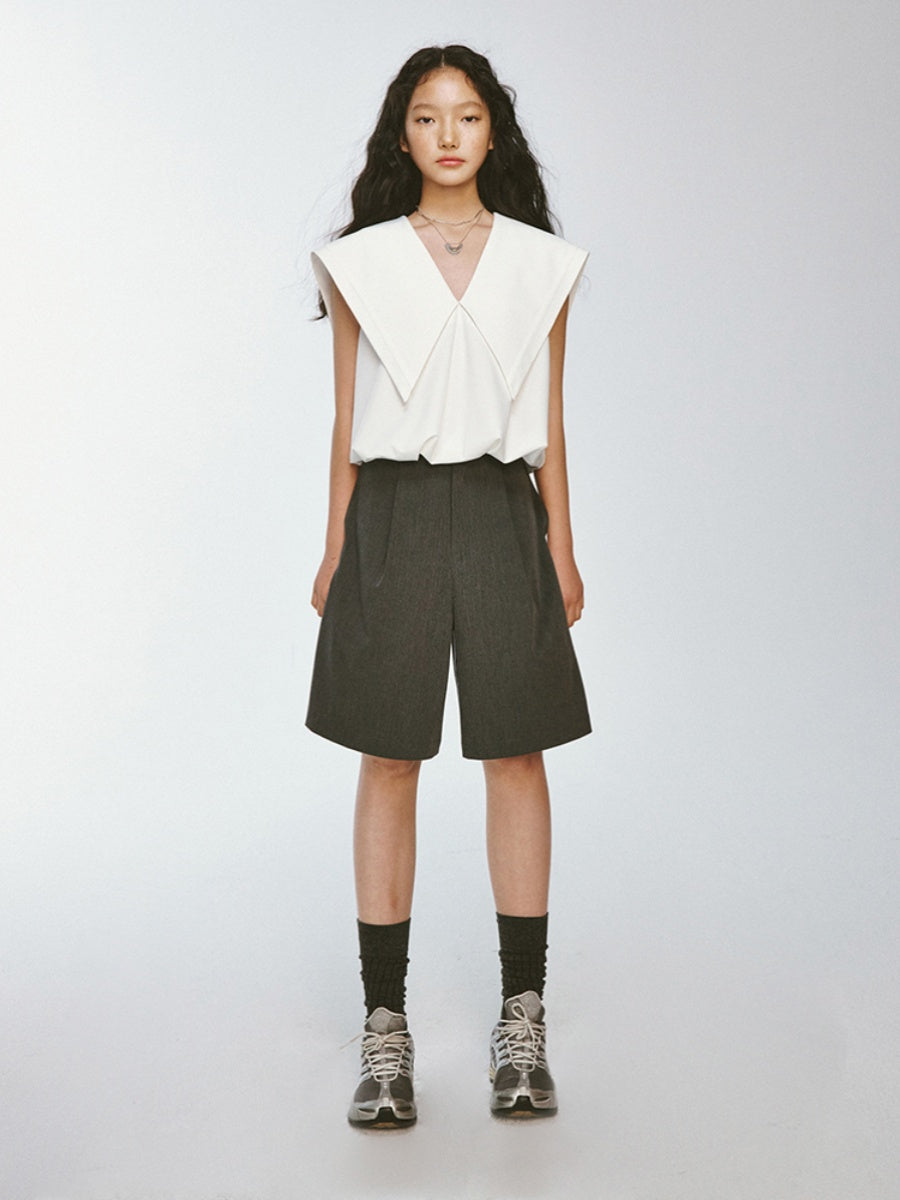 Sailor-Collar Big-Collar V-Neck Lno-Sleeve Chic Tops