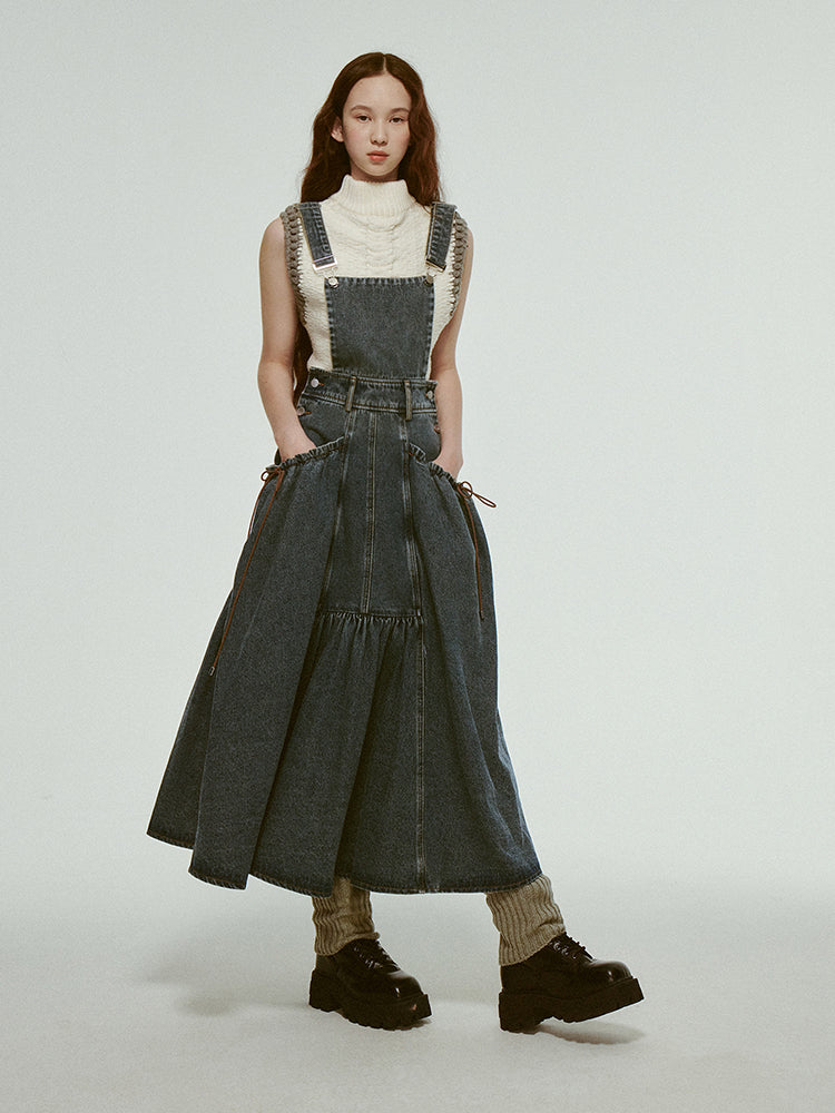 Retro Gather Denim Ribbon Casual Long One-Piece