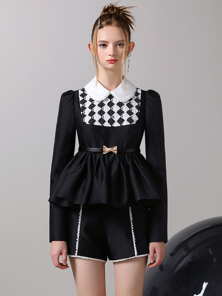 Checked Lace Peplum Classy Tops&Short-Pants