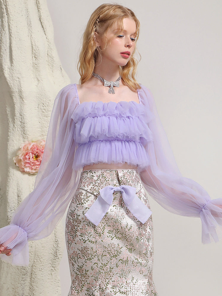 Tulle Frill Tiered Pale Candy-Sleeve Glossy Flower Tops&Mermaid-Skirt