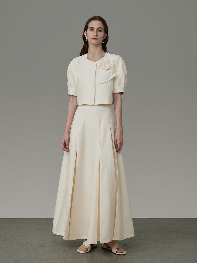 Flower Embroidery Puff-Sleeve Formal Blouse&Long-Skirt