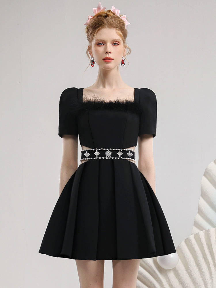 Fur Bijou Side-Cut Sext Flare Party Kleid ein Stück