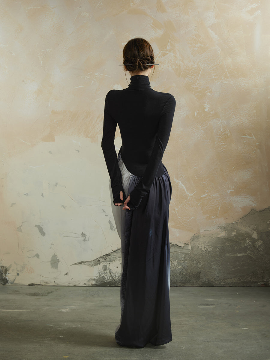 Knit Gradation Drape High-Neck Mix Elegant One-Piece